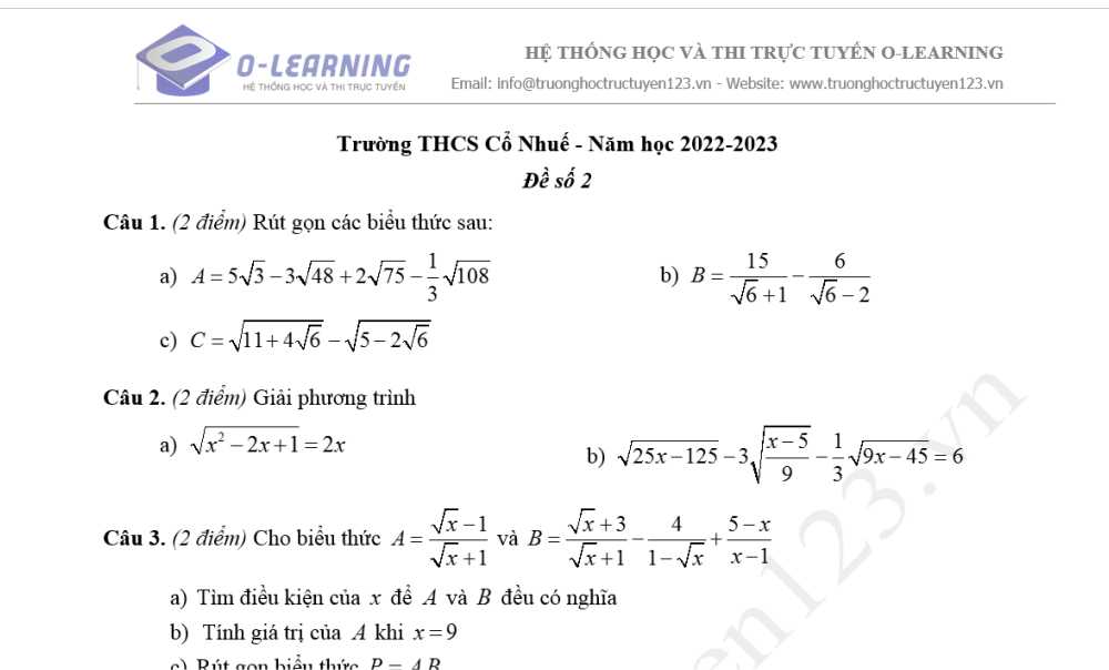 Toán 9. Đề cương Ôn tập giữa học kỳ 1. Trường THCS Cổ Nhuế năm học 2022-2023. Đề số 2